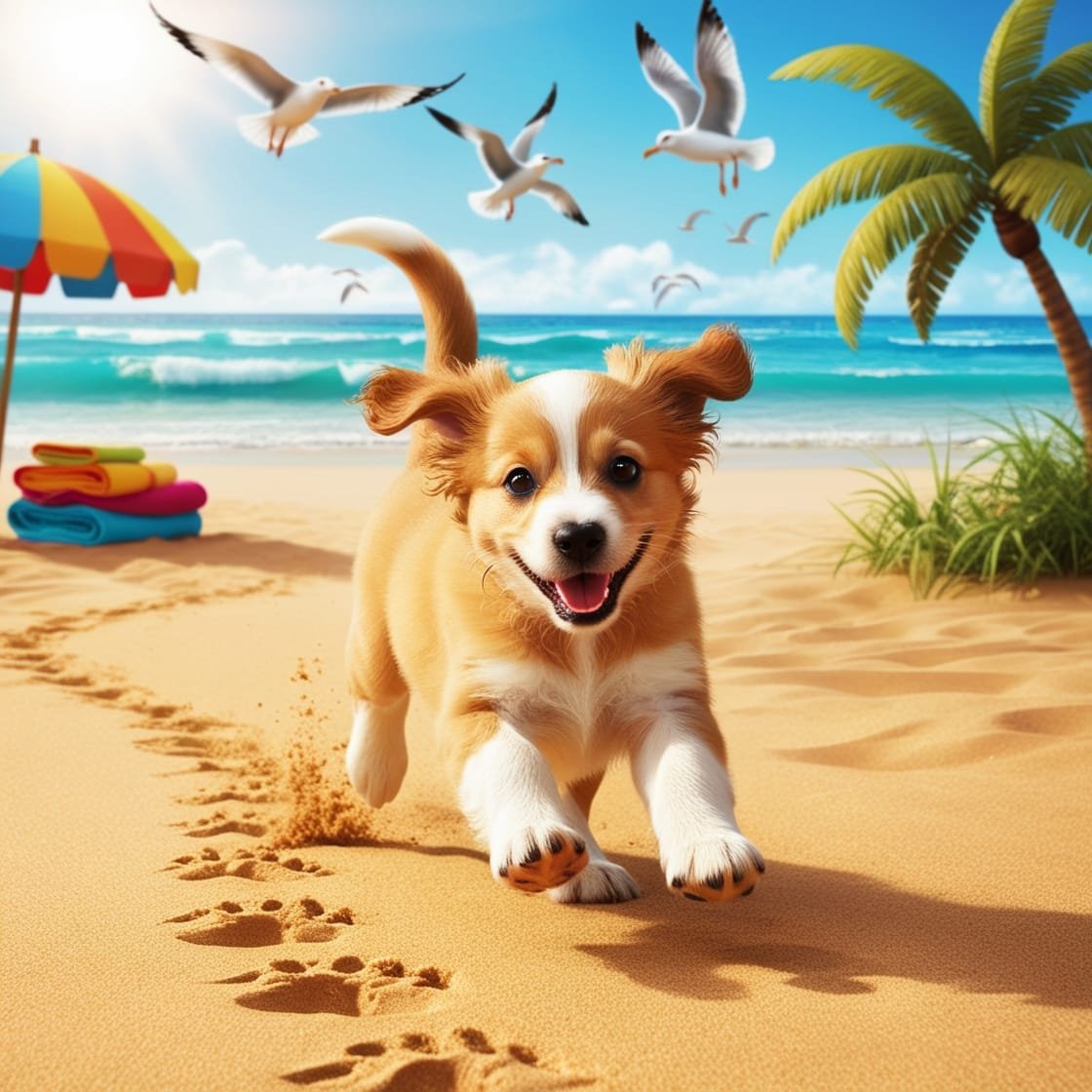 Pets nas praias de Florianópolis se divertindo na areia.